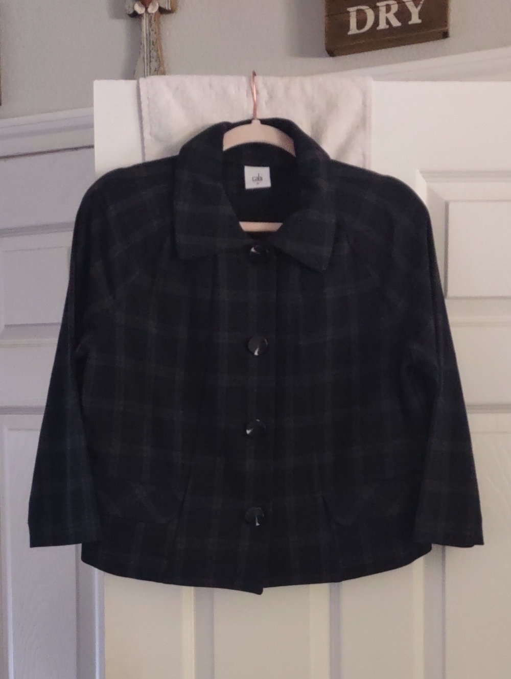 CAbi Navy And Green Plaid Button-Front Women's Pea Coat Size Medium